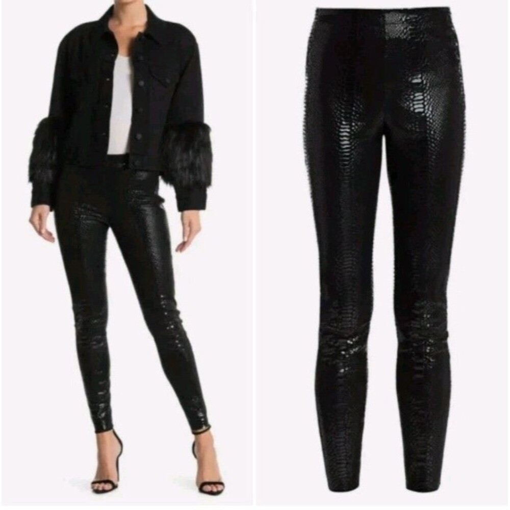 Alice + Olivia Snake Embossed Leather Leggings Maddox Black Women's 4 MSRP $895